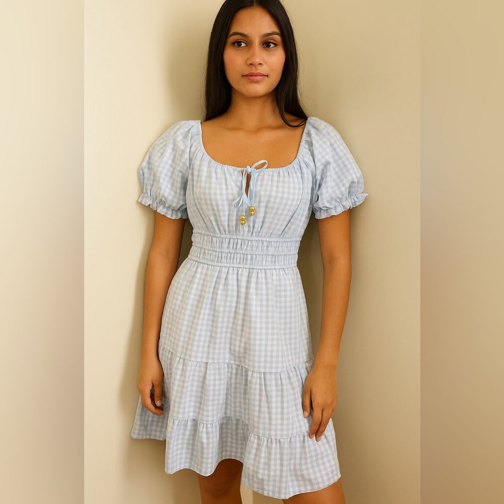 Speed Limit Blue Gingham Puff Sleeve Dress